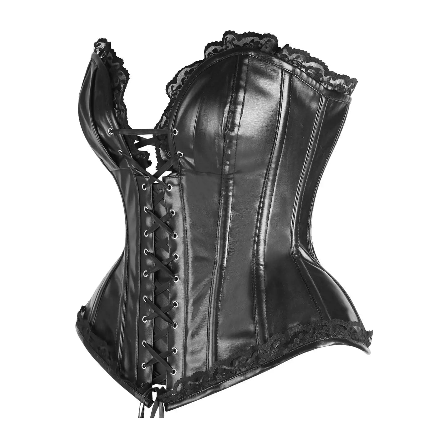 Black Faux Leather & Lace Trim Steel Boned Corset image 1