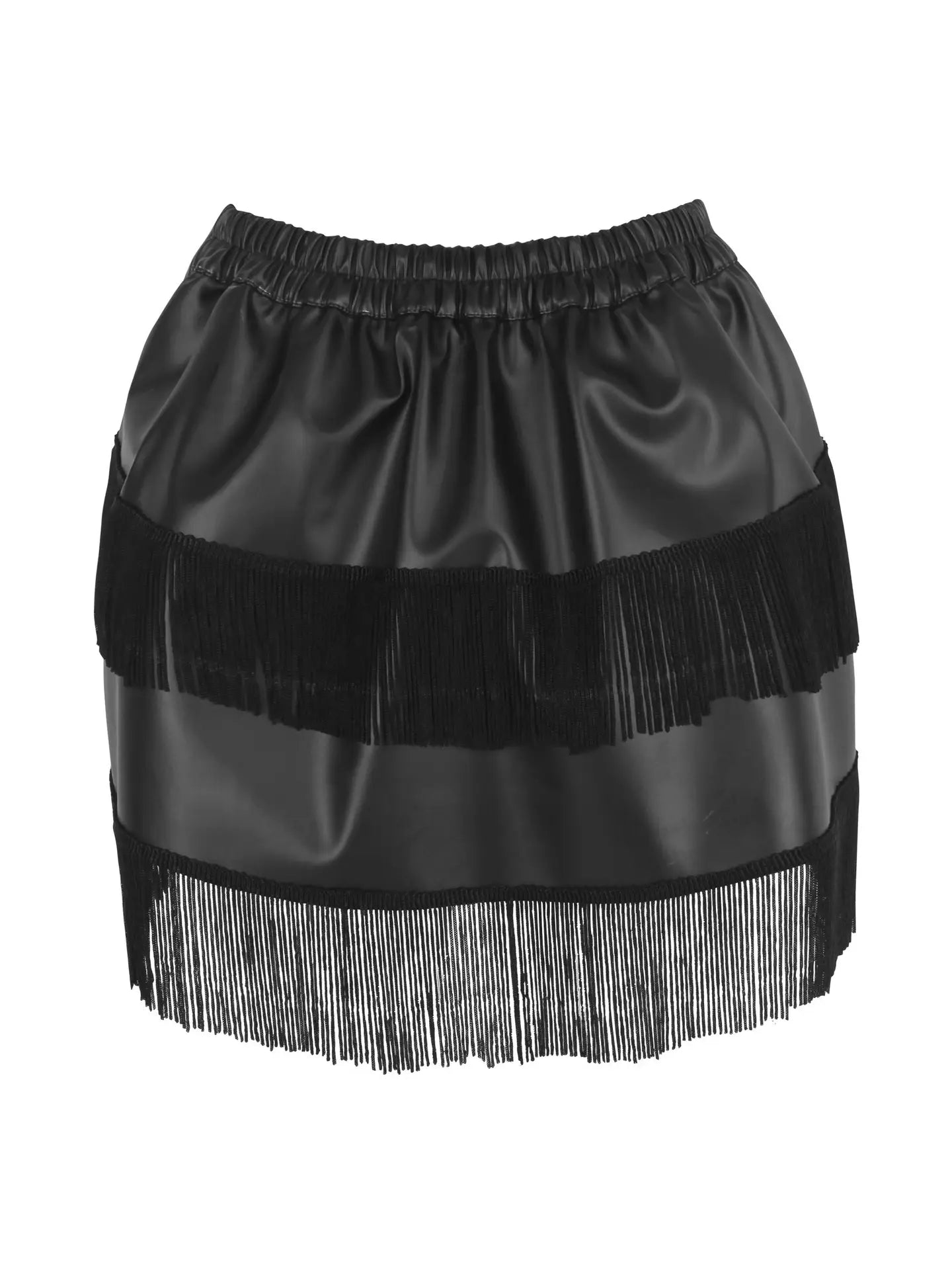 Black Faux Leather Ruched Bustle Skirt With Fringe