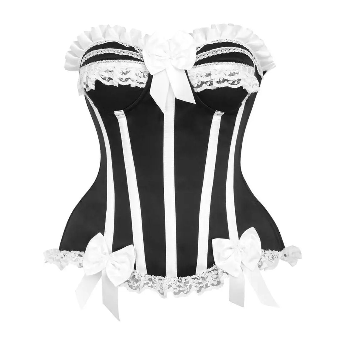 Black and White Steel Boned Burlesque Corset with lace trim and decorative bows