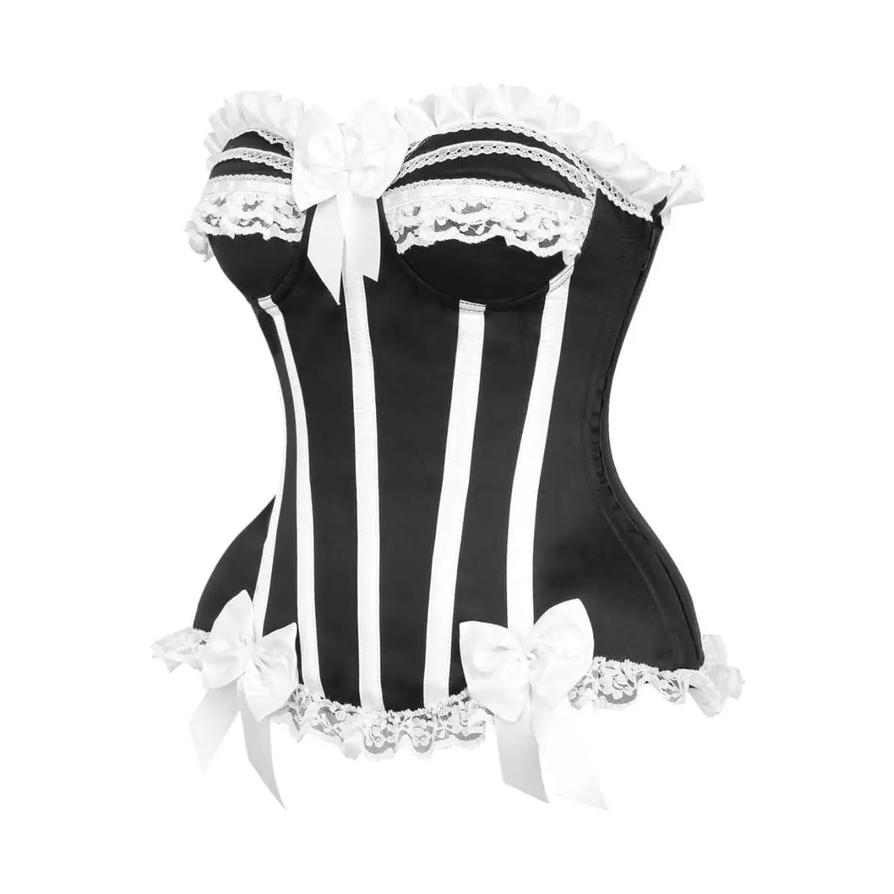 Black and White Steel Boned Burlesque Corset with lace trim and decorative white bows