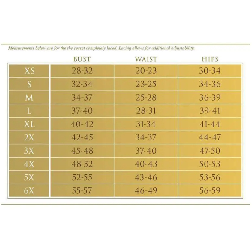 Size chart for Black & Purple Brocade Double Steel Boned Mini Cincher Corset with bust waist and hips measurements