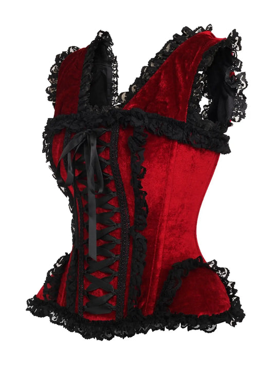 Dark Red Velvet & Lace Steel Boned Corset W/Cap Sleeves