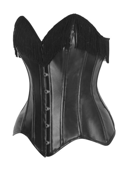 Black Faux Leather Steel Boned Overbust Corset With Fringe