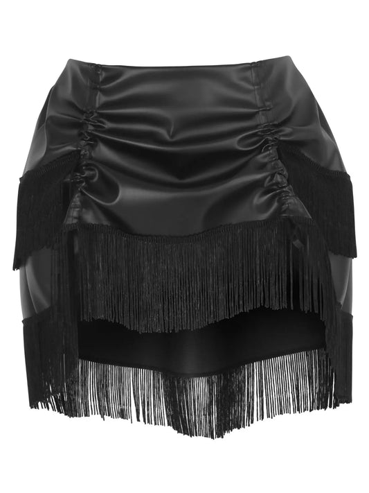 Black Faux Leather Ruched Bustle Skirt With Fringe