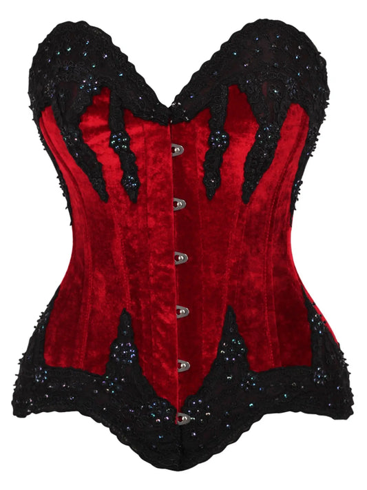 Dark Red Velvet & Beaded Steel Boned Overbust Corset