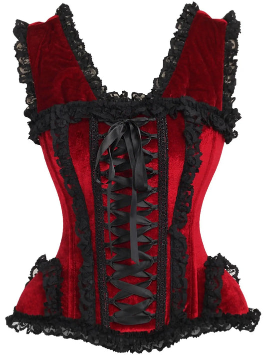 Dark Red Velvet & Lace Steel Boned Corset W/Cap Sleeves