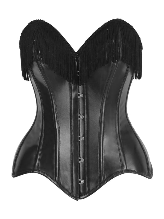 Black leather corset with fringes on a white background