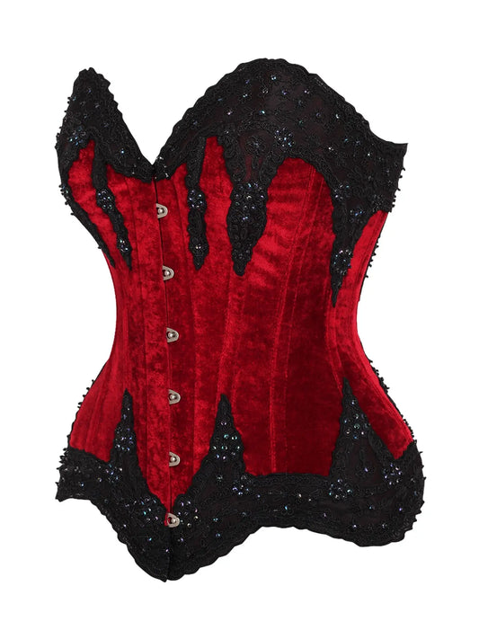 Dark Red Velvet & Beaded Steel Boned Overbust Corset