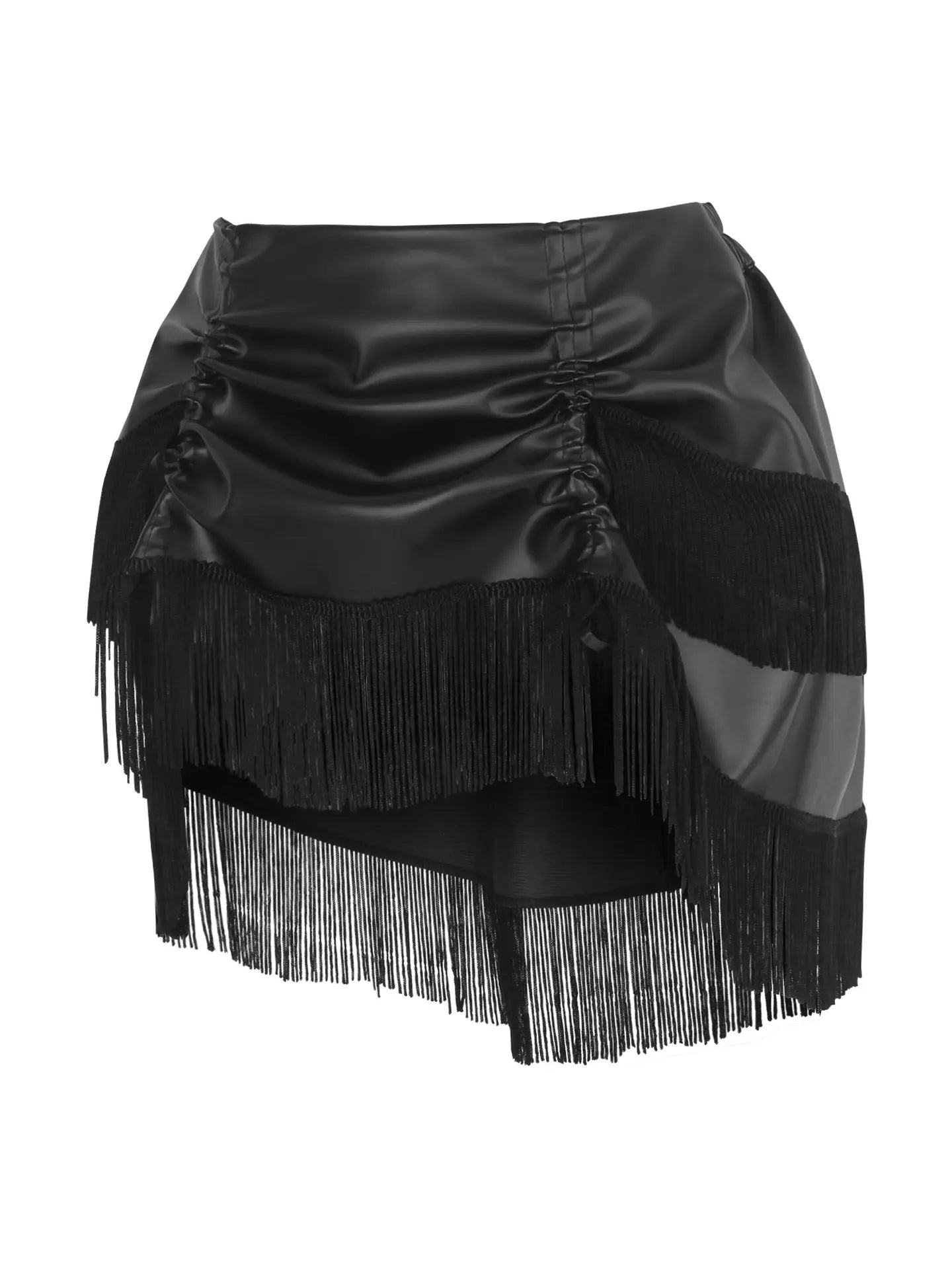 Black Faux Leather Ruched Bustle Skirt With Fringe