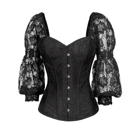 Black W/Black Lace Steel Boned Long Sleeve Corset image 0