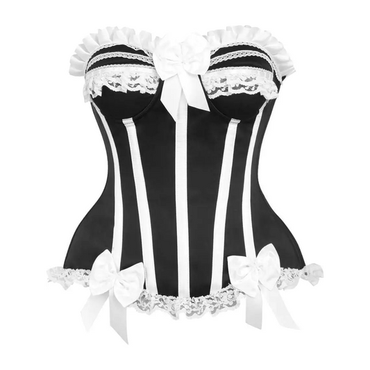 Black and White Steel Boned Burlesque Corset with lace trim and decorative bows