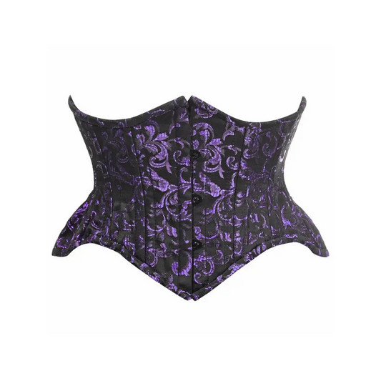 Black & Purple Brocade Double Steel Boned Mini Cincher Corset by Top Drawer with floral pattern