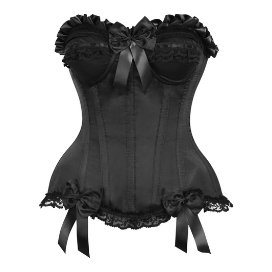 The Raven Black Satin Steel Boned Overbust Corset with lace trim and decorative bows