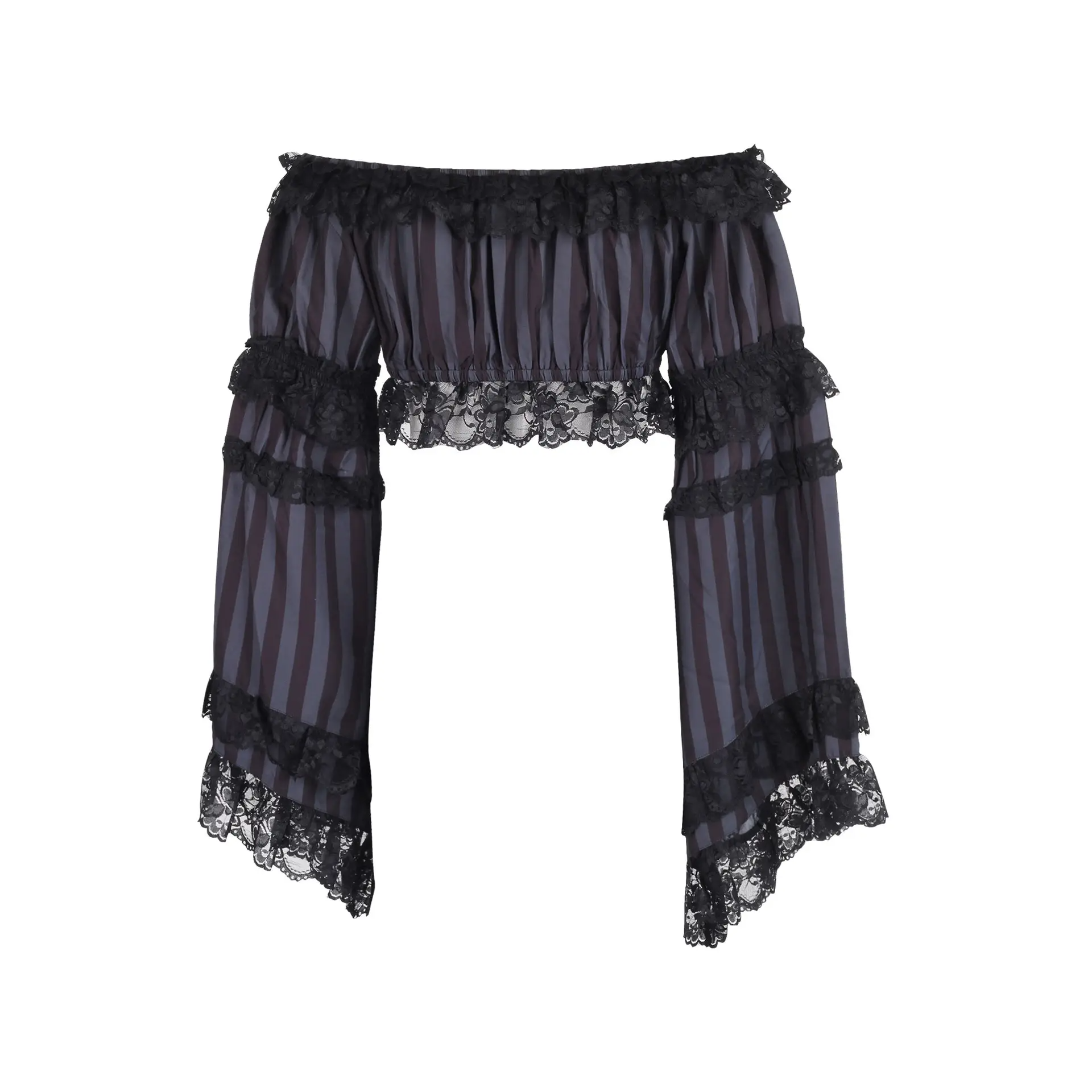 Black/Grey Striped Smocked Flare Sleeve Peasant Top image 2