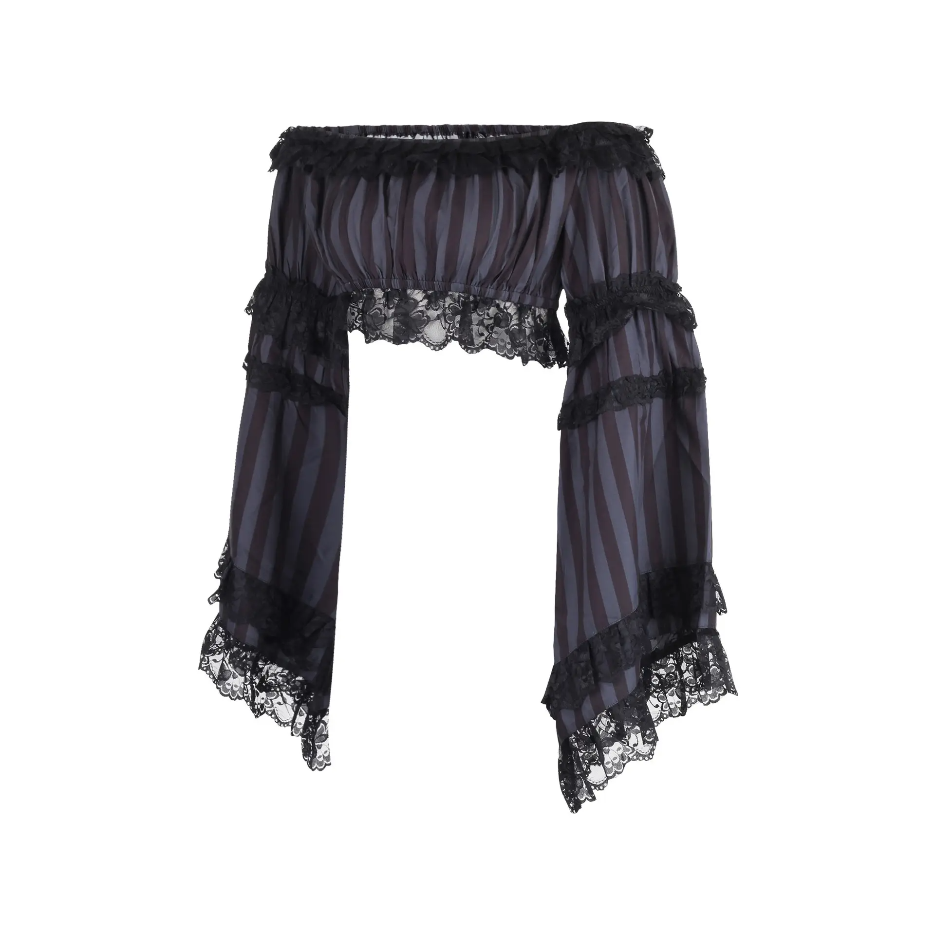 Black/Grey Striped Smocked Flare Sleeve Peasant Top image 1